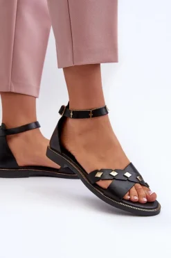 Damskie Zazoo 40378 Płaskie Skórzane Sandały Damskie Czarne
