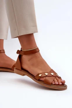 Zazoo Sandały Płaskie*40378 Płaskie Skórzane Sandały Damskie Brązowe