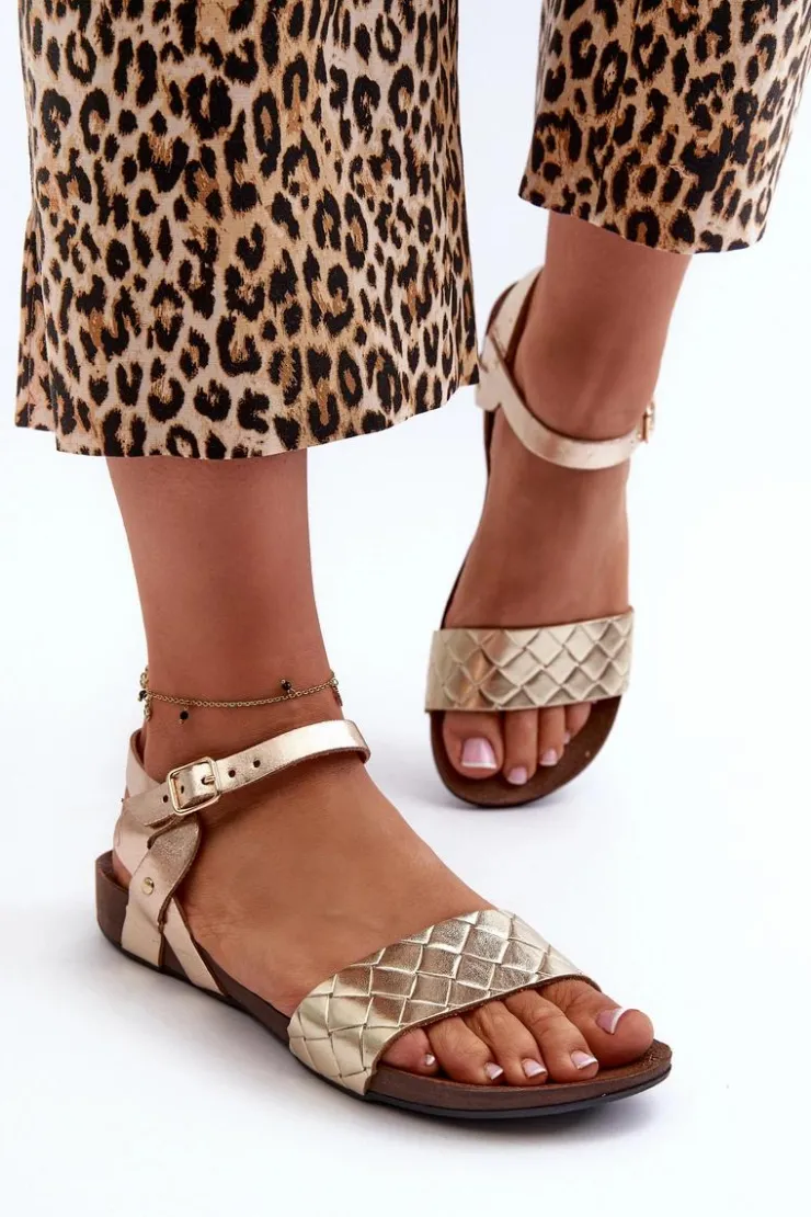 Zazoo Sandały Płaskie*40027 Płaskie Skórzane Sandały Damskie Złote