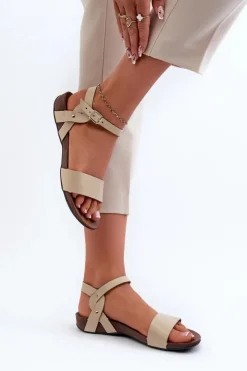 Damskie Zazoo 40027 Płaskie Skórzane Sandały Damskie Beżowe