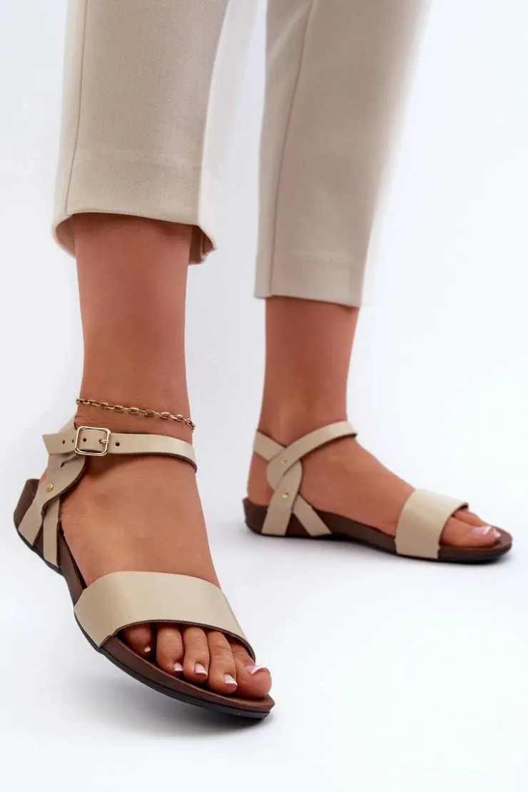 Damskie Zazoo 40027 Płaskie Skórzane Sandały Damskie Beżowe