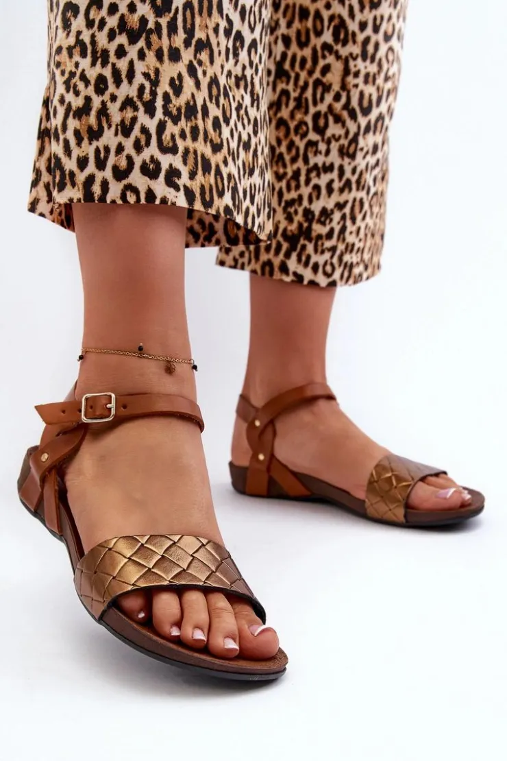 Damskie Zazoo 40027 Płaskie Skórzane Sandały Damskie Miedziane