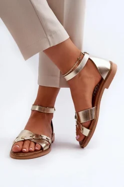 Damskie Zazoo 40378 Płaskie Skórzane Sandały Damskie Złote