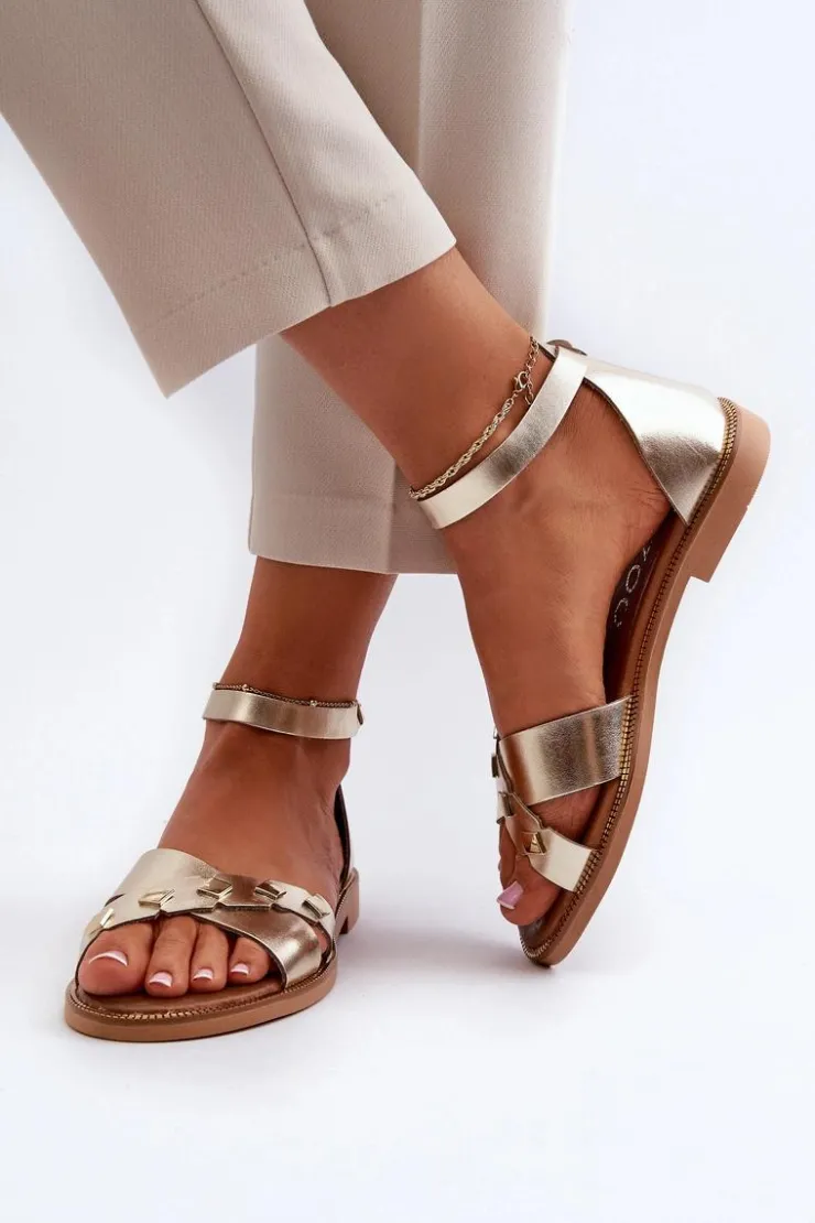 Damskie Zazoo 40378 Płaskie Skórzane Sandały Damskie Złote