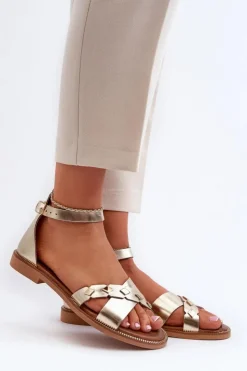 Damskie Zazoo 40378 Płaskie Skórzane Sandały Damskie Złote