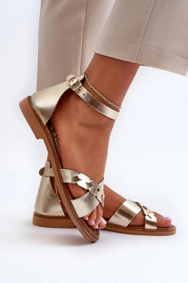 Damskie Zazoo 40378 Płaskie Skórzane Sandały Damskie Złote