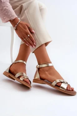 Damskie Zazoo 40378 Płaskie Skórzane Sandały Damskie Złote