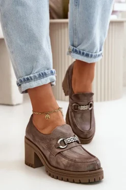 Damskie Zazoo 20175 Półbuty Damskie Na Słupku Skóra Naturalna Ciemnobeżowe