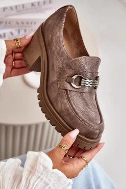 Damskie Zazoo 20175 Półbuty Damskie Na Słupku Skóra Naturalna Ciemnobeżowe