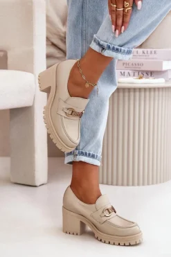 Damskie Zazoo 20175 Półbuty Damskie Na Słupku Skóra Naturalna Jasnobeżowe