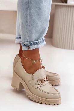 Damskie Zazoo 20175 Półbuty Damskie Na Słupku Skóra Naturalna Jasnobeżowe