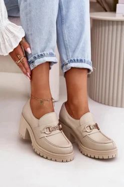 Damskie Zazoo 20175 Półbuty Damskie Na Słupku Skóra Naturalna Jasnobeżowe