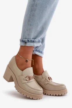 Damskie Zazoo 20175 Półbuty Damskie Na Słupku Skóra Naturalna Jasnobeżowe