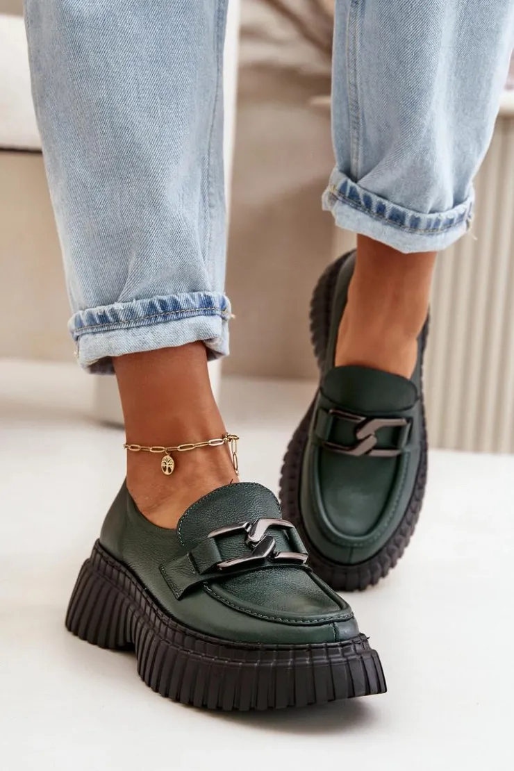 Zazoo Półbuty Skórzane|Mokasyny Na Platformie*20176 Półbuty Mokasyny Damskie Ze Skóry Naturalnej Ciemnozielone Zielony