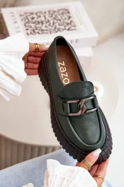 Zazoo Półbuty Skórzane|Mokasyny Na Platformie*20176 Półbuty Mokasyny Damskie Ze Skóry Naturalnej Ciemnozielone Zielony