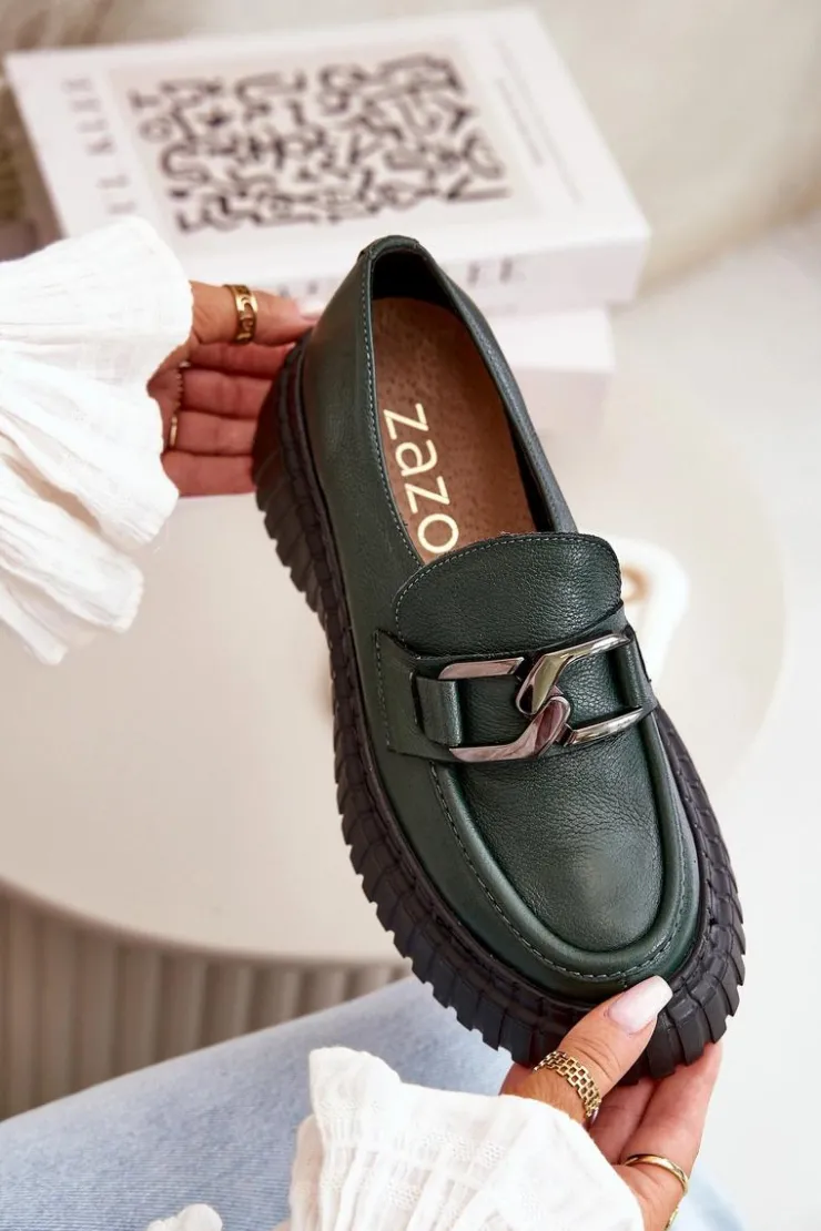 Zazoo Półbuty Skórzane|Mokasyny Na Platformie*20176 Półbuty Mokasyny Damskie Ze Skóry Naturalnej Ciemnozielone Zielony