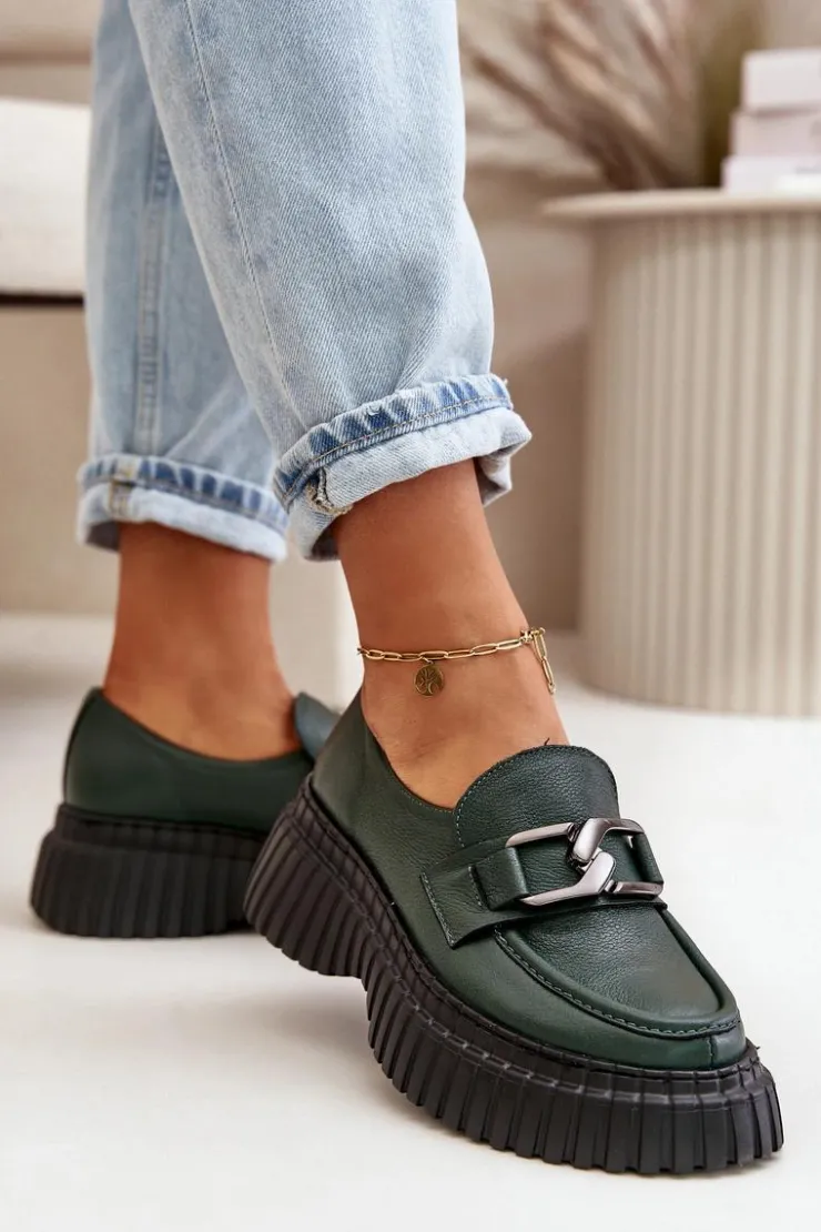 Zazoo Półbuty Skórzane|Mokasyny Na Platformie*20176 Półbuty Mokasyny Damskie Ze Skóry Naturalnej Ciemnozielone Zielony