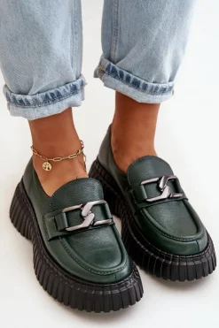 Zazoo Półbuty Skórzane|Mokasyny Na Platformie*20176 Półbuty Mokasyny Damskie Ze Skóry Naturalnej Ciemnozielone Zielony