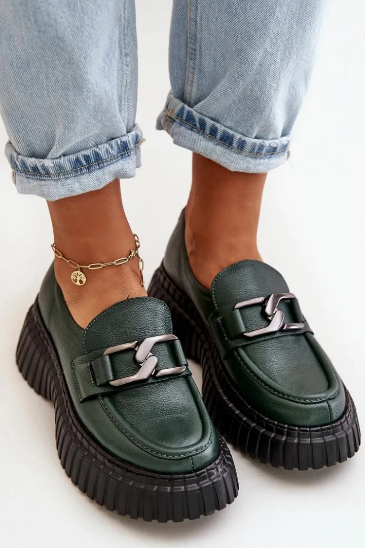 Zazoo Półbuty Skórzane|Mokasyny Na Platformie*20176 Półbuty Mokasyny Damskie Ze Skóry Naturalnej Ciemnozielone Zielony