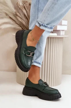 Zazoo Półbuty Skórzane|Mokasyny Na Platformie*20176 Półbuty Mokasyny Damskie Ze Skóry Naturalnej Ciemnozielone Zielony