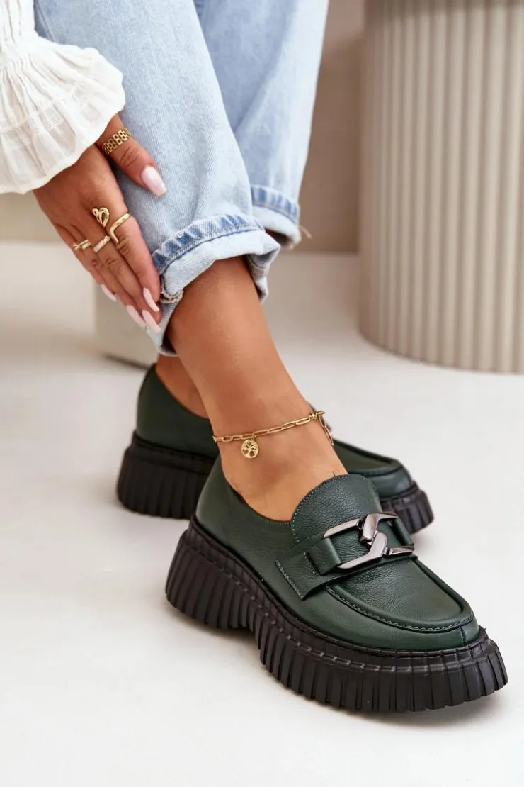 Zazoo Półbuty Skórzane|Mokasyny Na Platformie*20176 Półbuty Mokasyny Damskie Ze Skóry Naturalnej Ciemnozielone Zielony