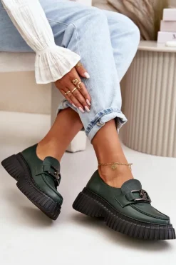 Zazoo Półbuty Skórzane|Mokasyny Na Platformie*20176 Półbuty Mokasyny Damskie Ze Skóry Naturalnej Ciemnozielone Zielony