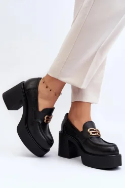 Discount Zazoo 20170 Półbuty Skórzane Damskie Na Słupku Czarne Czarny