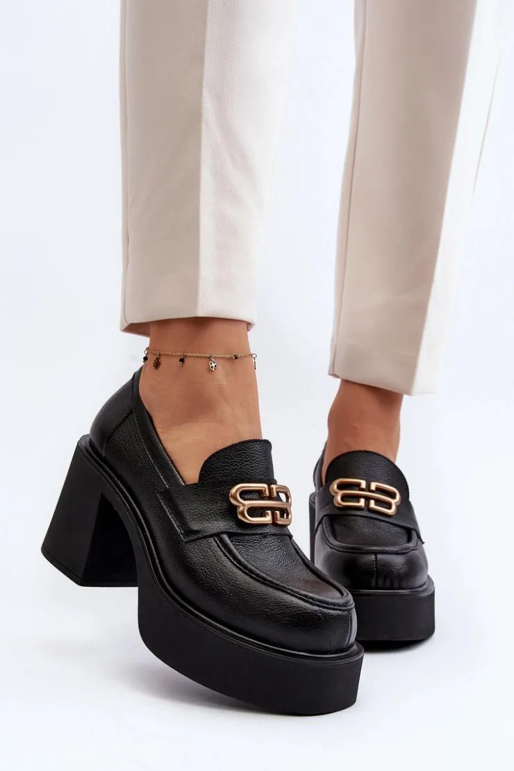 Discount Zazoo 20170 Półbuty Skórzane Damskie Na Słupku Czarne Czarny