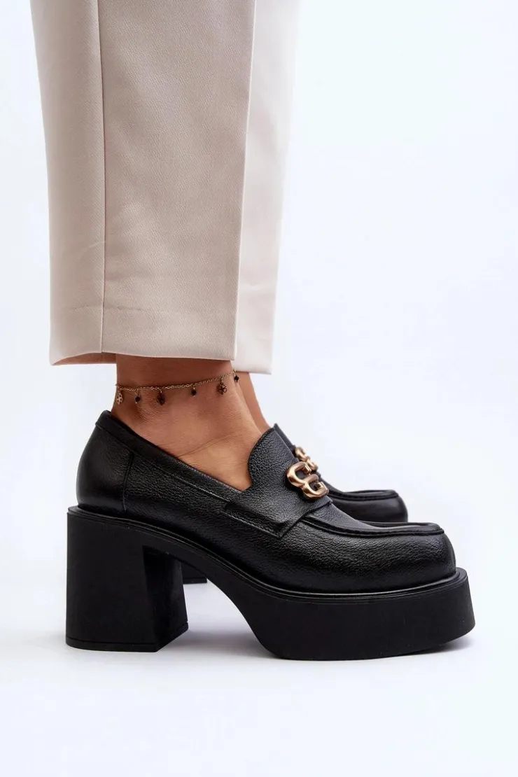 Discount Zazoo 20170 Półbuty Skórzane Damskie Na Słupku Czarne Czarny