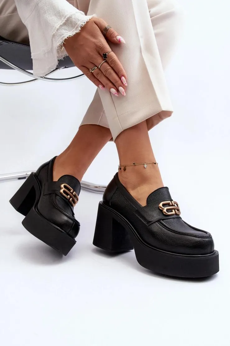 Discount Zazoo 20170 Półbuty Skórzane Damskie Na Słupku Czarne Czarny