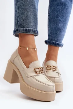 Zazoo Półbuty Skórzane*20170 Półbuty Skórzane Damskie Na Słupku Jasnobeżowe Beżowy