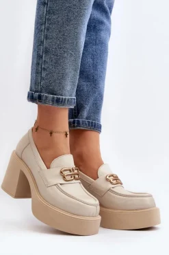 Zazoo Półbuty Skórzane*20170 Półbuty Skórzane Damskie Na Słupku Jasnobeżowe Beżowy