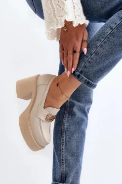 Zazoo Półbuty Skórzane*20170 Półbuty Skórzane Damskie Na Słupku Jasnobeżowe Beżowy