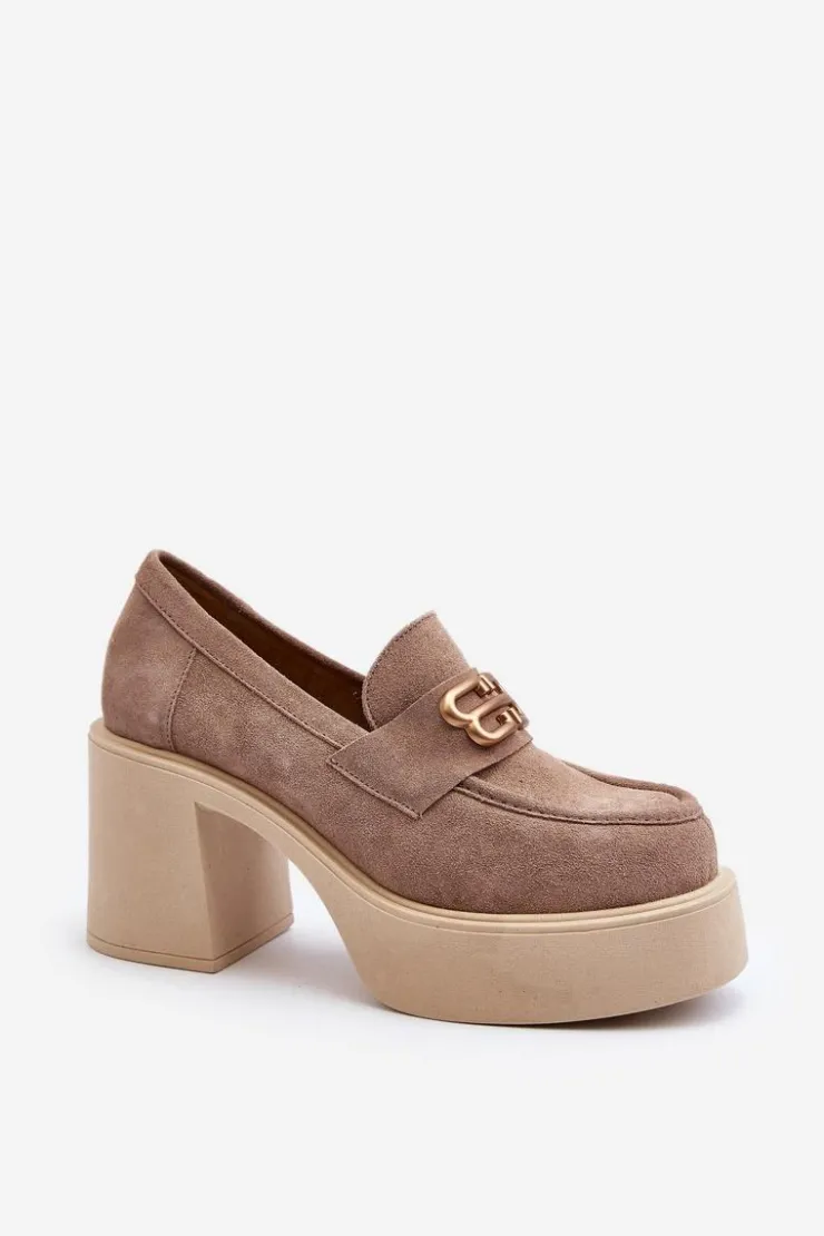 Damskie Zazoo 20170 Półbuty Zamszowe Damskie Na Słupku Beżowe