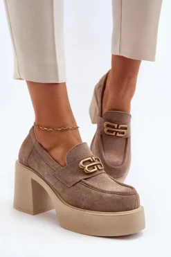 Damskie Zazoo 20170 Półbuty Zamszowe Damskie Na Słupku Beżowe