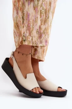 Damskie Zazoo 2893 Sandały Damskie Skórzane na Grubej Podeszwie Jasnobeżowe