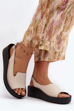 Damskie Zazoo 2893 Sandały Damskie Skórzane na Grubej Podeszwie Jasnobeżowe