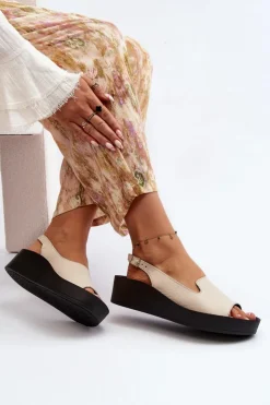 Damskie Zazoo 2893 Sandały Damskie Skórzane na Grubej Podeszwie Jasnobeżowe