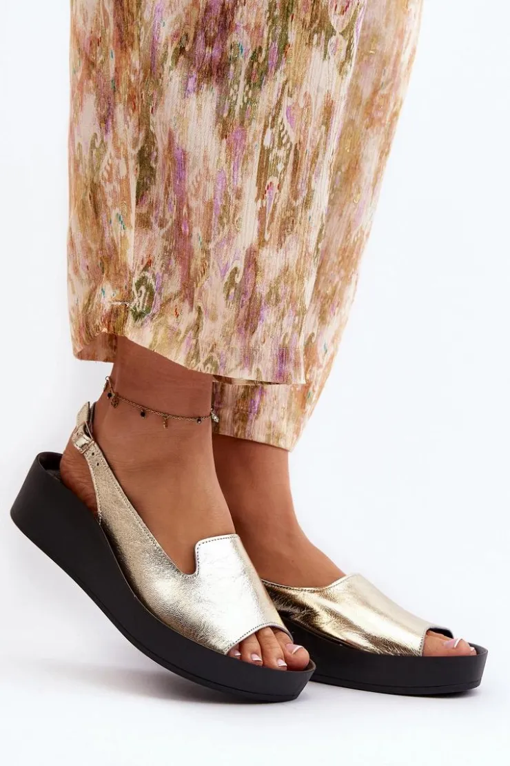 Zazoo Sandały Płaskie*2893 Sandały Damskie Skórzane na Grubej Podeszwie Złote Złoty