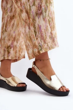 Zazoo Sandały Płaskie*2893 Sandały Damskie Skórzane na Grubej Podeszwie Złote Złoty