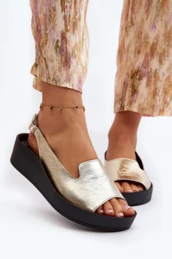 Zazoo Sandały Płaskie*2893 Sandały Damskie Skórzane na Grubej Podeszwie Złote Złoty