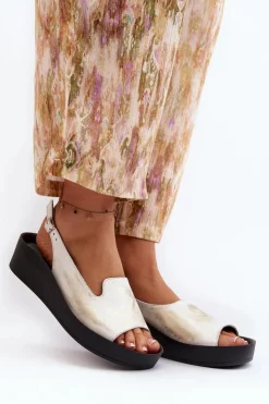 Outlet Zazoo 2893 Sandały Damskie Skórzane na Grubej Podeszwie Przecierany Złoty