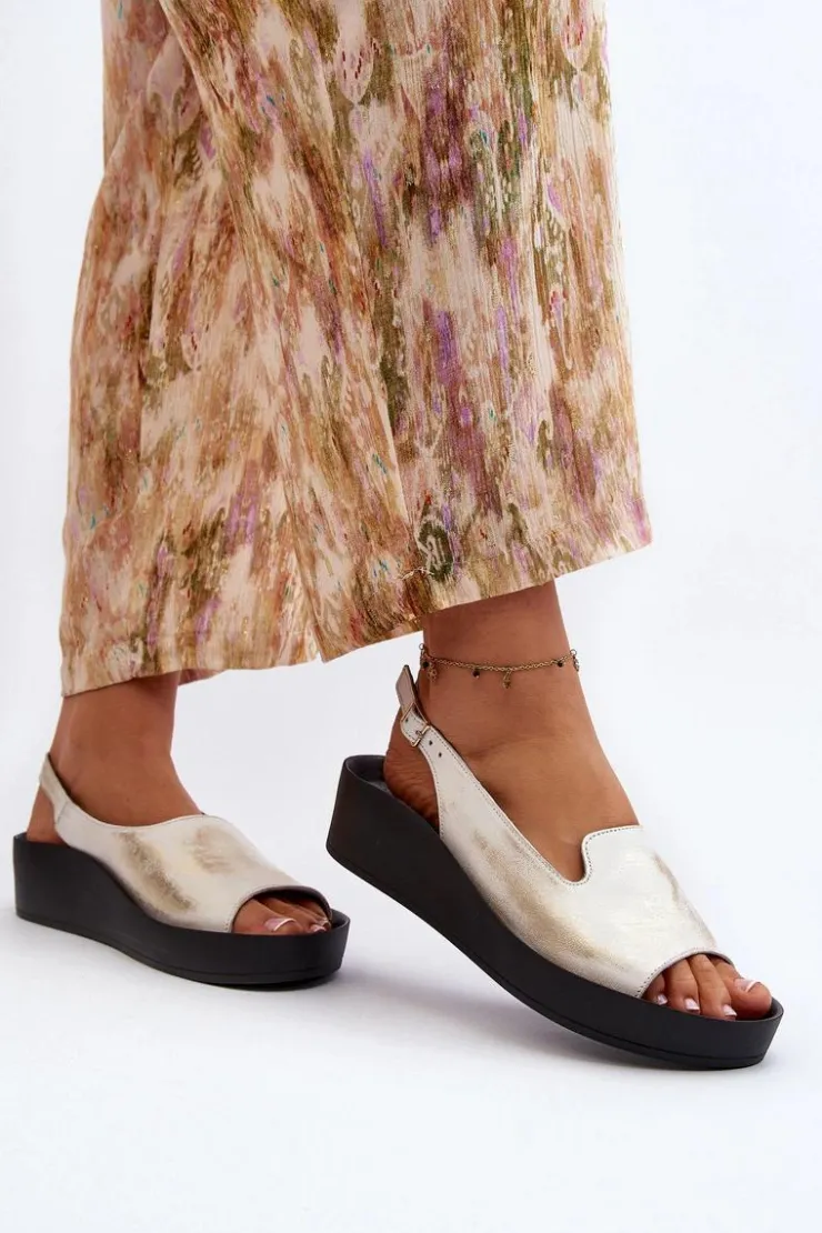 Outlet Zazoo 2893 Sandały Damskie Skórzane na Grubej Podeszwie Przecierany Złoty