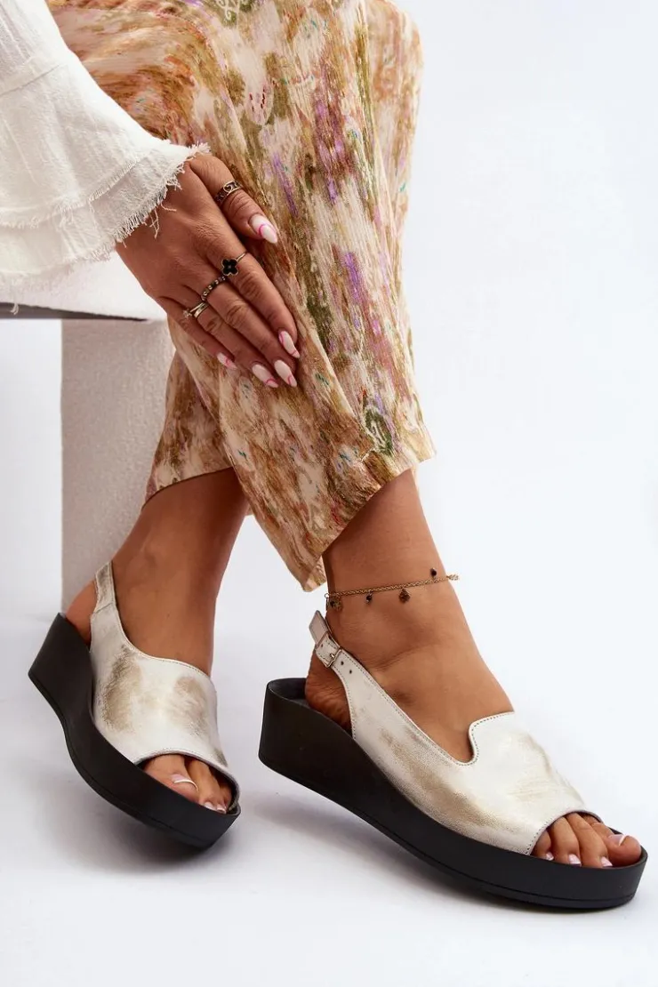 Outlet Zazoo 2893 Sandały Damskie Skórzane na Grubej Podeszwie Przecierany Złoty