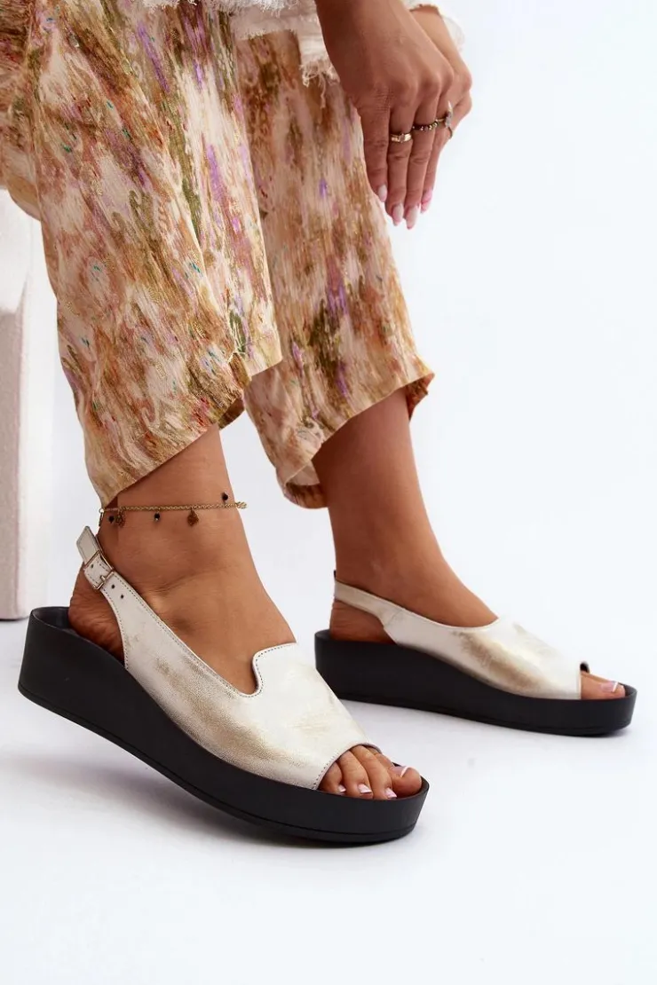 Outlet Zazoo 2893 Sandały Damskie Skórzane na Grubej Podeszwie Przecierany Złoty