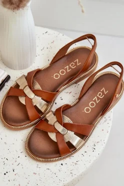 Outlet Zazoo 40382 Sandały Damskie Skórzane Brązowe Brązowy