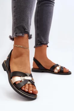 Zazoo Sandały Płaskie*40382 Sandały Damskie Skórzane Czarne Czarny