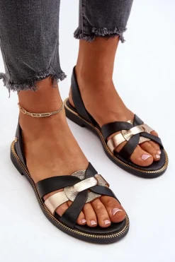 Zazoo Sandały Płaskie*40382 Sandały Damskie Skórzane Czarne Czarny