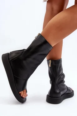 Discount Zazoo 3441 Sandały Damskie Skórzane Z Cholewka Czarne