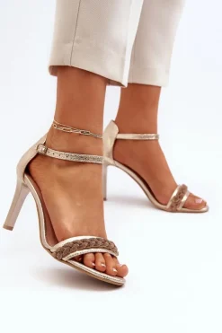 Zazoo Sandały Na Obcasie*3328/2 Sandały Damskie Skórzane Na Szpilce Złote